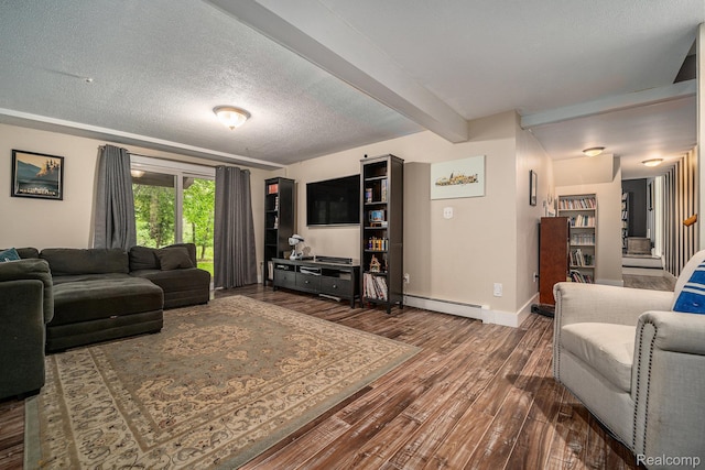4729 Curtis Ln, Clarkston, MI 48346 - living room with dark wood finished floors, a baseboard radiator, beamed ceiling, and a textured ceiling