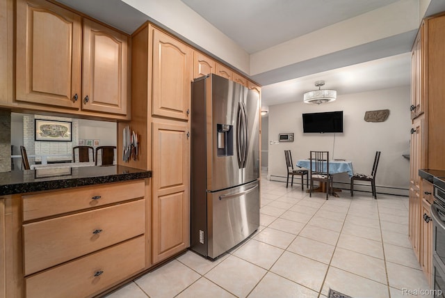 4729 Curtis Ln, Clarkston, MI 48346 - kitchen featuring stainless steel fridge with ice dispenser, light tile patterned flooring, dark stone counters, backsplash, and light brown cabinetry