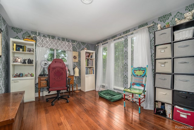 4729 Curtis Ln, Clarkston, MI 48346 - home office with wallpapered walls and hardwood / wood-style floors