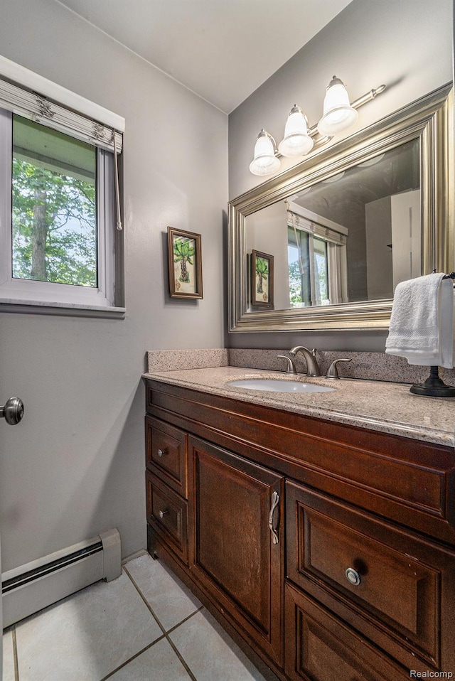4729 Curtis Ln, Clarkston, MI 48346 - bathroom featuring a baseboard heating unit, vanity, healthy amount of natural light, and tile patterned floors
