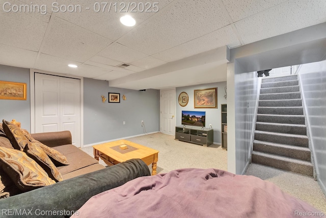 34060 Avondale St, Westland, MI 48186 - living area with a drop ceiling, stairs, carpet, and recessed lighting