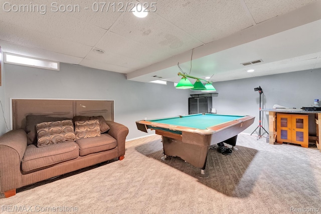 34060 Avondale St, Westland, MI 48186 - recreation room featuring carpet, billiards table, and a paneled ceiling