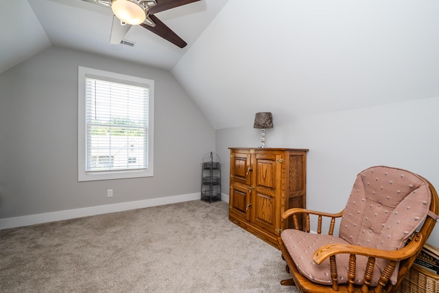4785 Lauren Ln, Saint Joseph, MI 49085 - living area featuring vaulted ceiling, a ceiling fan, and carpet