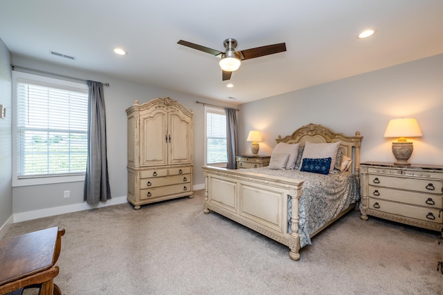 4785 Lauren Ln, Saint Joseph, MI 49085 - bedroom featuring light colored carpet, multiple windows, recessed lighting, and ceiling fan