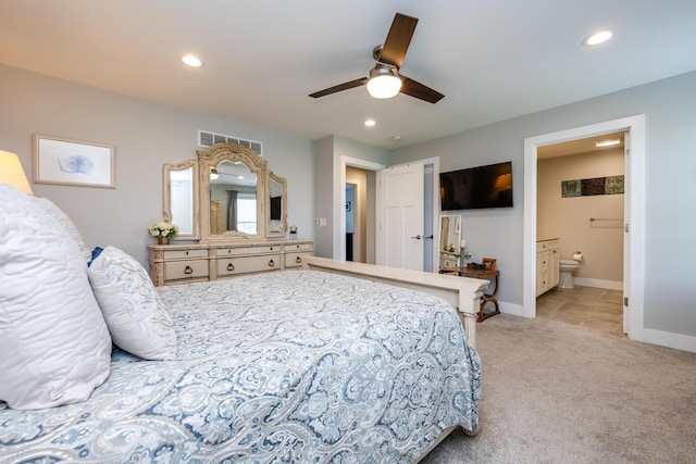 4785 Lauren Ln, Saint Joseph, MI 49085 - bedroom featuring recessed lighting, ensuite bath, light colored carpet, and a ceiling fan