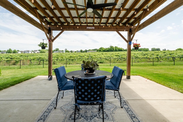 4785 Lauren Ln, Saint Joseph, MI 49085 - fenced backyard with agricultural area, a view of rural / pastoral area, ceiling fan, outdoor dining area, and a patio