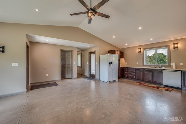 4646 Lehman Rd, West Branch, MI 48661 - unfurnished living room featuring finished concrete floors, ceiling fan, lofted ceiling, and recessed lighting