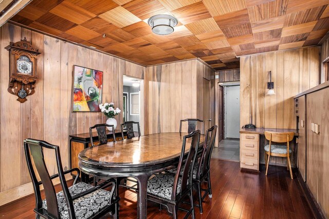 929 N Park Rd, Benton Harbor, MI 49022 - dining room featuring wooden walls, wood ceiling, and dark wood-type flooring