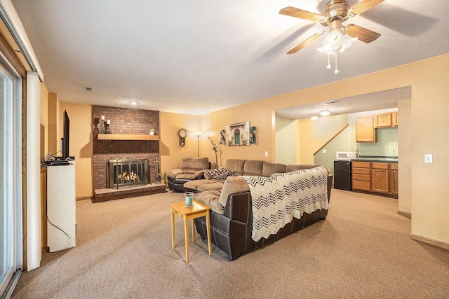 1972 Red Pine Dr, Dorr, MI 49323 - living area featuring light carpet, ceiling fan, a brick fireplace, and bar area