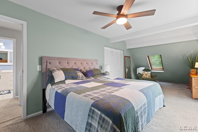 3129 Oakshade Dr, Manitou Beach, MI 49253 - bedroom featuring carpet, beamed ceiling, and a ceiling fan