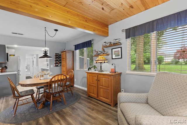 3129 Oakshade Dr, Manitou Beach, MI 49253 - dining space featuring healthy amount of natural light, dark wood-style floors, and a wood ceiling with exposed beams
