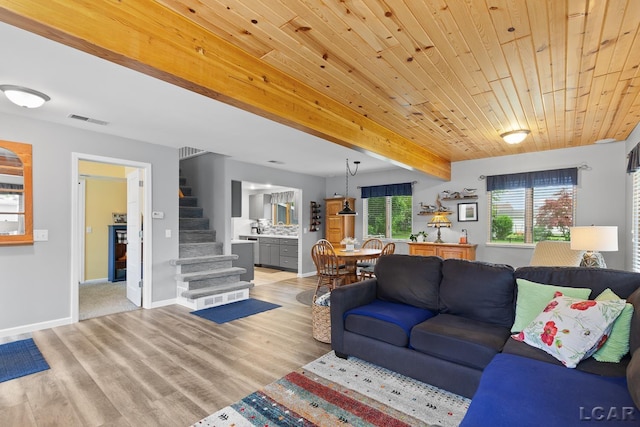 3129 Oakshade Dr, Manitou Beach, MI 49253 - living room with stairway, light wood-type flooring, and a wooden ceiling with exposed beams
