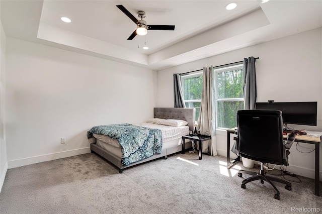 5973 Stella, Troy, MI 48085 - bedroom with a raised ceiling, carpet flooring, recessed lighting, an office area, and a ceiling fan