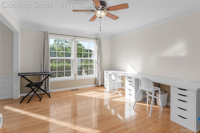 48840 Greenwich Cir, Canton, MI 48188 - office with ornamental molding, light wood-type flooring, and ceiling fan