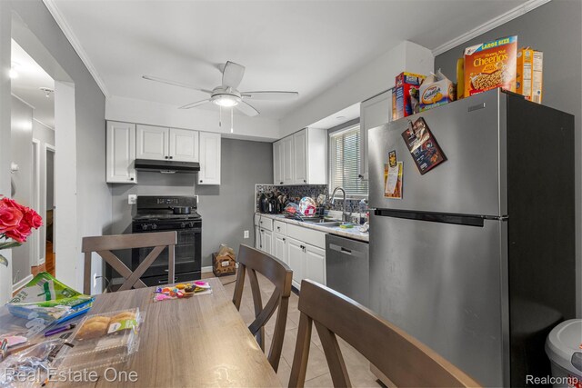 496 Lenoir Ave, River Rouge, MI 48218 - kitchen featuring appliances with stainless steel finishes, under cabinet range hood, white cabinets, a ceiling fan, and backsplash