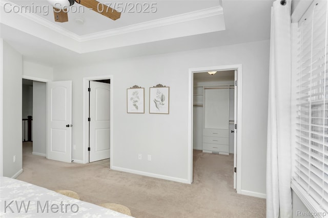 3666 Phillips Ave, Berkley, MI 48072 - unfurnished bedroom with a spacious closet, a tray ceiling, light colored carpet, ornamental molding, and a closet