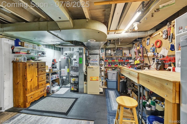 1726 Oxford Rd, Berkley, MI 48072 - unfinished basement featuring a workshop area, gas water heater, and heating unit