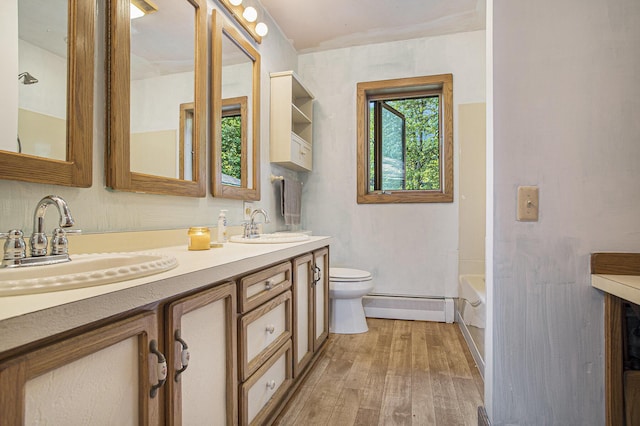 14083 M37, Battle Creek, MI 49017 - full bathroom with baseboard heating, double vanity, and wood finished floors