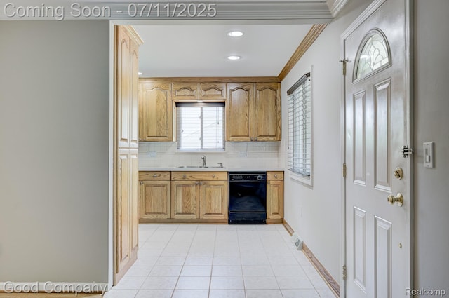 2416 Bonner St, Ferndale, MI 48220 - kitchen featuring dishwasher, decorative backsplash, crown molding, light countertops, and light tile patterned floors