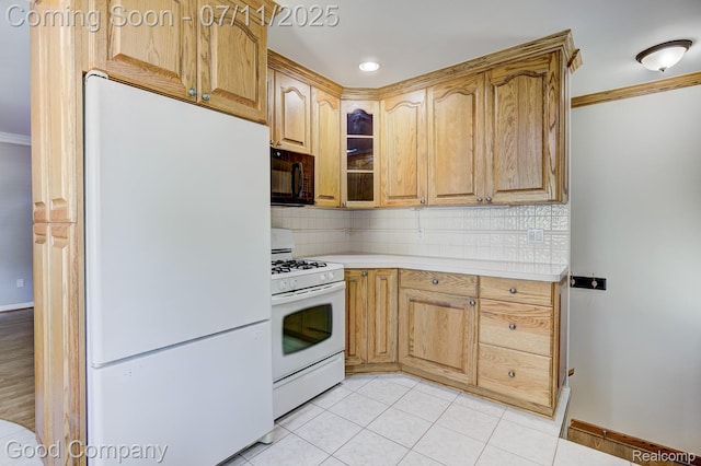 2416 Bonner St, Ferndale, MI 48220 - kitchen with white appliances, light countertops, tasteful backsplash, glass insert cabinets, and crown molding