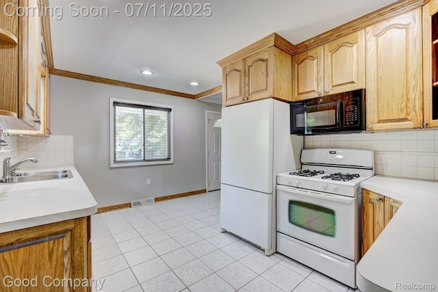 2416 Bonner St, Ferndale, MI 48220 - kitchen with white appliances, crown molding, backsplash, light countertops, and recessed lighting