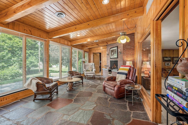 6400 N Rochester Rd, Rochester Hills, MI 48306 - sunroom / solarium featuring wood walls, stone flooring, a wooden ceiling with exposed beams, and recessed lighting