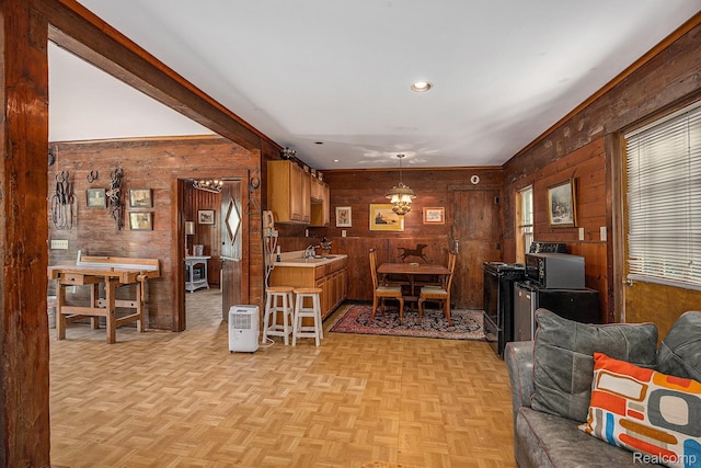 6400 N Rochester Rd, Rochester Hills, MI 48306 - living room featuring wooden walls and recessed lighting