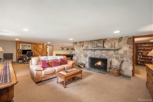 6400 N Rochester Rd, Rochester Hills, MI 48306 - living room with stairway, carpet flooring, and a fireplace