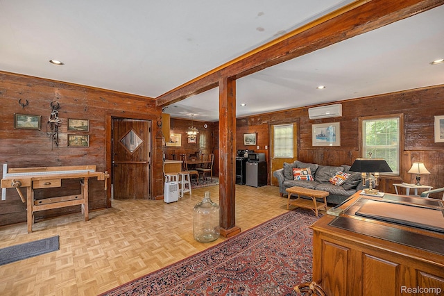 6400 N Rochester Rd, Rochester Hills, MI 48306 - living room featuring wooden walls, a wall mounted AC, and recessed lighting