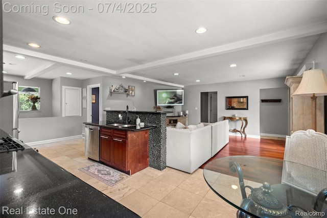 17022 Marguerite St, Beverly Hills, MI 48025 - kitchen featuring stainless steel dishwasher, beam ceiling, recessed lighting, and open floor plan
