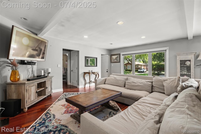 17022 Marguerite St, Beverly Hills, MI 48025 - living room with dark wood-style floors, beamed ceiling, and recessed lighting