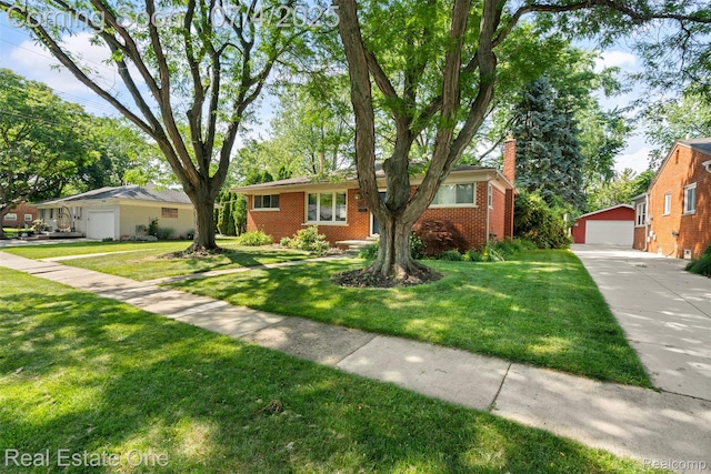 17022 Marguerite St, Beverly Hills, MI 48025 - single story home featuring brick siding, a detached garage, a chimney, a front yard, and an outdoor structure