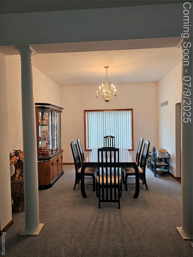 6942 Norton Dr, Troy, MI 48085 - dining area featuring dark carpet, a chandelier, and decorative columns