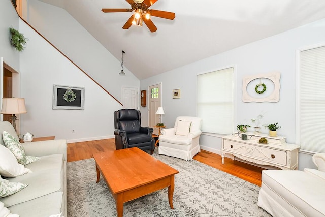 50983 Kiawah Trl, Mattawan, MI 49071 - living room with wood finished floors, a ceiling fan, and high vaulted ceiling