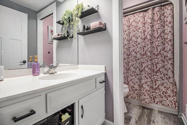 3265 Elmwood Beach Rd, Middleville, MI 49333 - bathroom with vanity, wood finished floors, and curtained shower