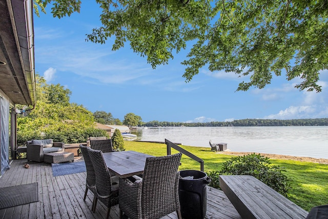 3265 Elmwood Beach Rd, Middleville, MI 49333 - wooden deck with a water view, a yard, outdoor dining area, and outdoor lounge area