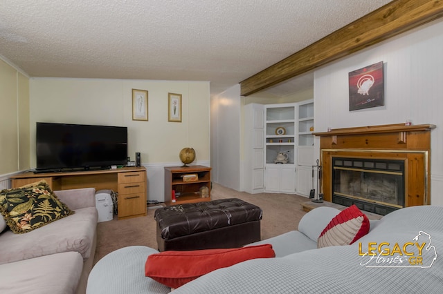 1163 Maple Leaf Ln NW, Walker, MI 49534 - living room featuring carpet, a glass covered fireplace, a textured ceiling, and beamed ceiling