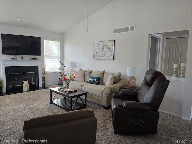 37329 Amhurst Dr Unit 23, Westland, MI 48185 - carpeted living area with high vaulted ceiling and a fireplace
