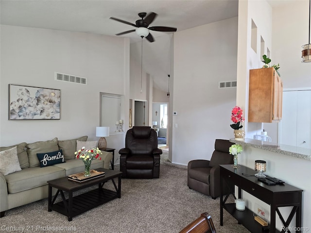 37329 Amhurst Dr Unit 23, Westland, MI 48185 - carpeted living room featuring a ceiling fan and high vaulted ceiling