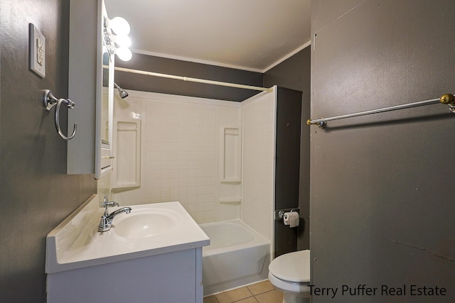 1966 Roilson St, Muskegon, MI 49441 - bathroom with vanity, tile patterned flooring, tub / shower combination, and ornamental molding