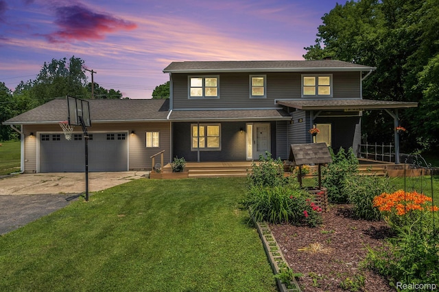 3596 Hunt Rd, Lapeer, MI 48446 - traditional-style house featuring a porch, a garage, driveway, a yard, and roof with shingles
