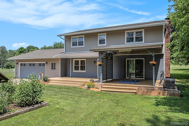 3596 Hunt Rd, Lapeer, MI 48446 - back of property with an attached garage, a yard, a deck, and brick siding