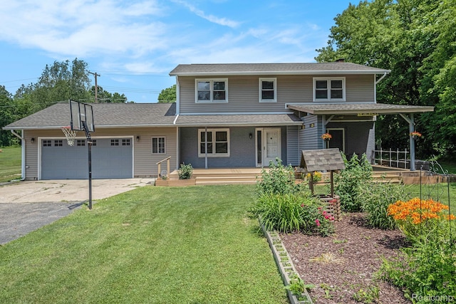 3596 Hunt Rd, Lapeer, MI 48446 - view of front facade featuring covered porch, an attached garage, asphalt driveway, and a front lawn