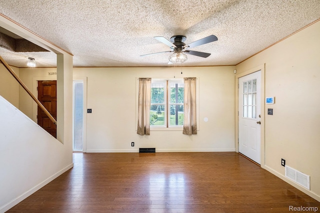 3596 Hunt Rd, Lapeer, MI 48446 - entrance foyer with a textured ceiling, a ceiling fan, hardwood / wood-style floors, and stairs