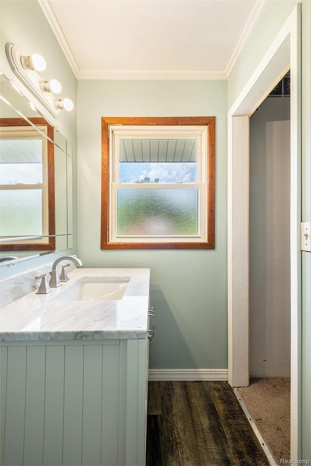 3596 Hunt Rd, Lapeer, MI 48446 - bathroom with vanity, crown molding, and wood finished floors