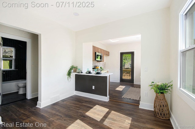 271 College St, Southfield, MI 48220 - bar area with stainless steel microwave and dark wood finished floors