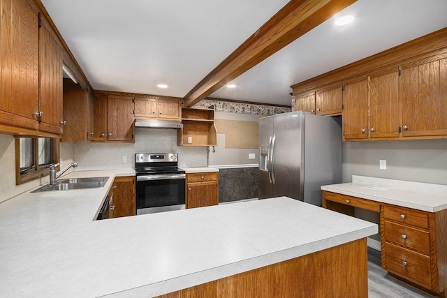 3407 Stolk Dr, Kalamazoo, MI 49004 - kitchen featuring stainless steel appliances, under cabinet range hood, beamed ceiling, light countertops, and a peninsula