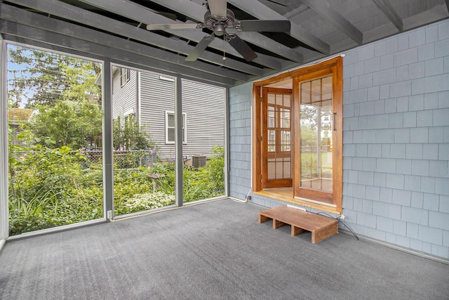 838 Lakeway Ave, Kalamazoo, MI 49001 - unfurnished sunroom with ceiling fan, plenty of natural light, and beam ceiling