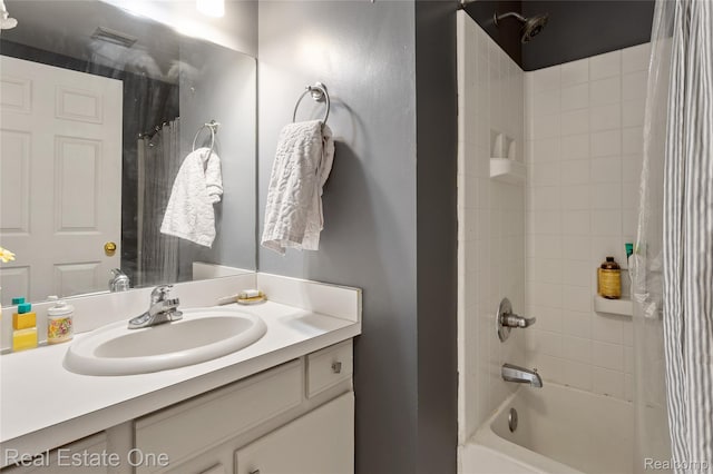 22145 W Village Dr, Dearborn, MI 48124 - bathroom with shower / bathtub combination with curtain and vanity