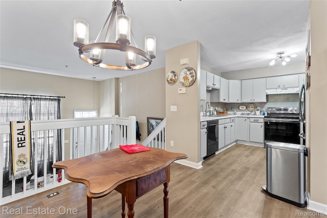 22145 W Village Dr, Dearborn, MI 48124 - kitchen with dishwasher, stainless steel range with electric cooktop, under cabinet range hood, a chandelier, and light countertops
